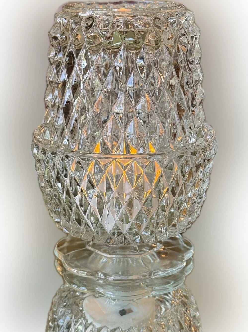 2 piece Indiana Clear Glass Diamond Point Fairy Lamp with geometric pattern.